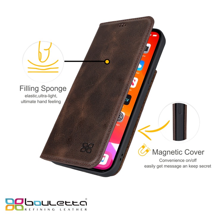 Husa slim pentru iPhone 14, Bouletta Brooks, din piele naturala premium, compatibil MagSafe, tip carte, inchidere magnetica, buzunare pentru bani si card, functie stand, Tiguan brown