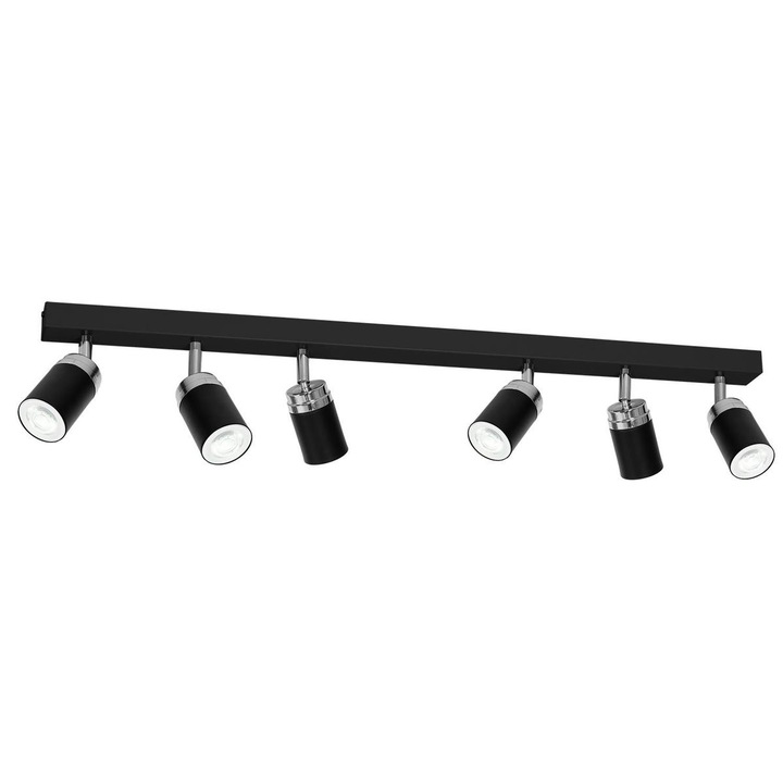 Plafoniera cu 6 spoturi Reno, 17x90x6 cm, 60 W, Metal, Negru/Crom
