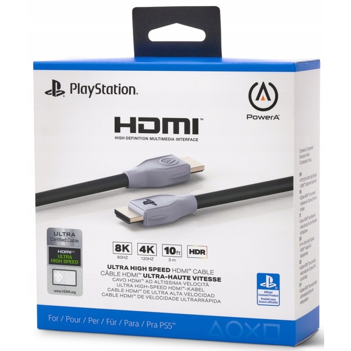 Cablu HDMI 2.1 pentru PlayStation 5, PowerA, Plastic, 3 m, Alb/Negru