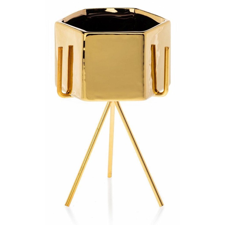 Ghiveci decorativ, Ceramica/Metal, 18.5 cm, Auriu