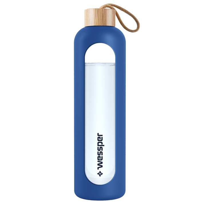 Wessper ActiveMax Crystalline Sportvizes palack, Ø8 x 29.5 cm, 1L, Kék, bambusz fogantyú, BPA mentes