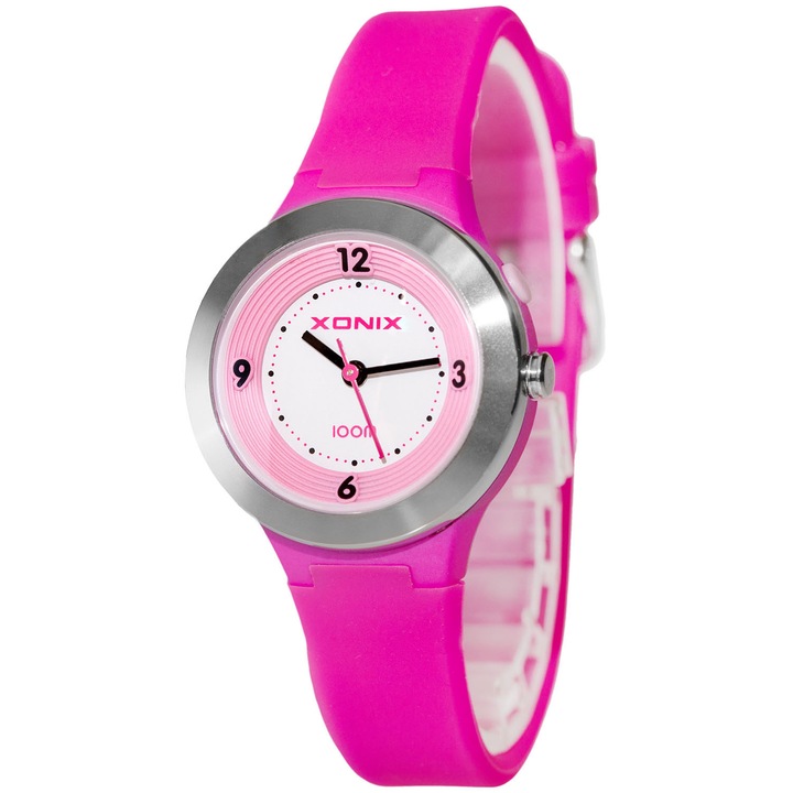 Ceas pentru femei si fete, Xonix, analog, iluminat de fundal, WR 100m, Roz/Argint