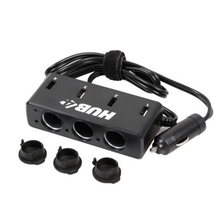 Adaptor pentru bricheta triplu, Lampa, 4 porturi USB, 12/24V, Cablu 85 cm, Negru