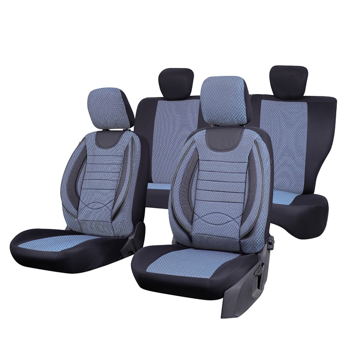 Set huse scaune auto, Editia City, Material Textil si Insertii Piele Ecologica, Sistem Airbag, 11 piese, Smartic®, albastru