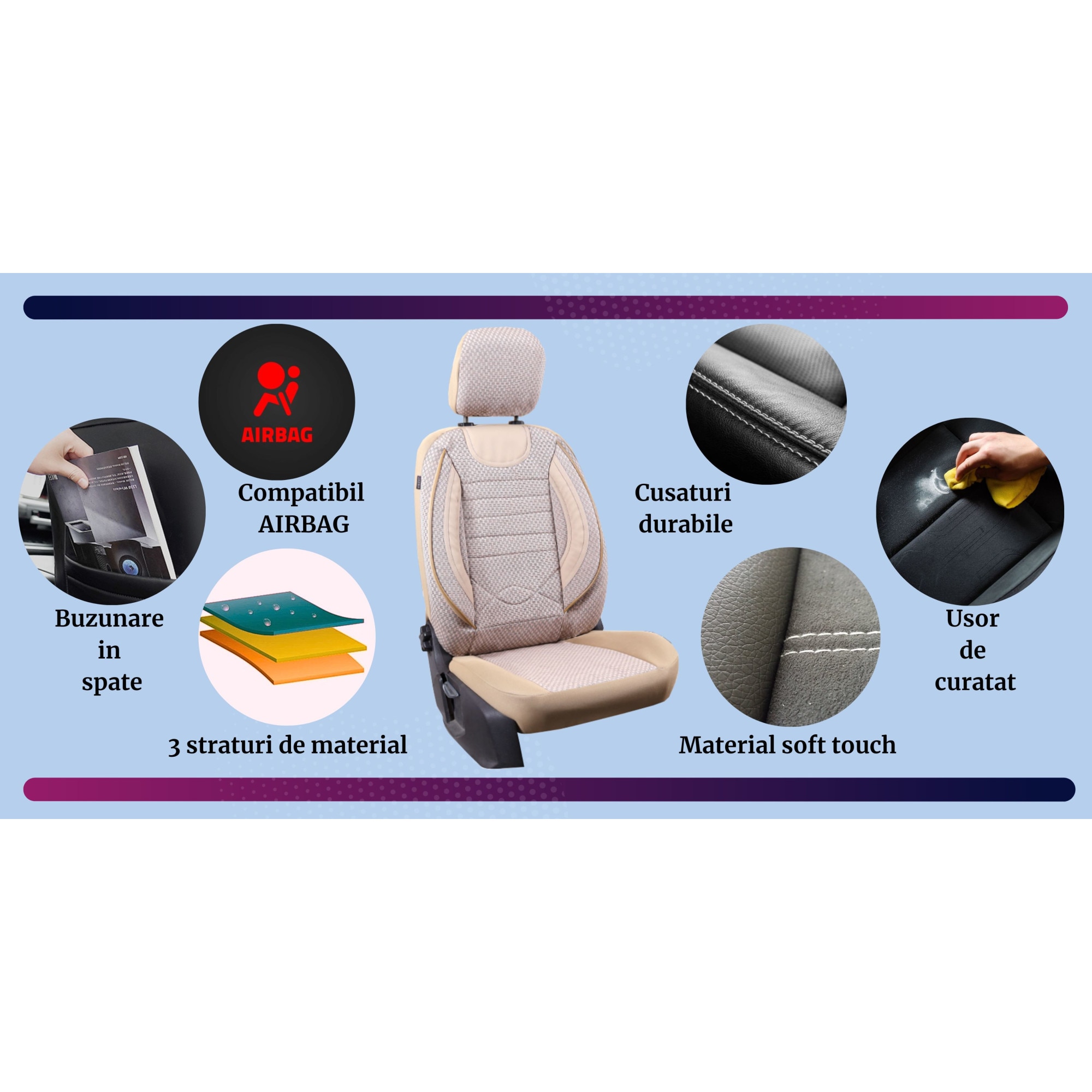 Set Huse Scaune Auto Smartic City Piese Compatibile Cu Airbag Rabatabile Straturi De