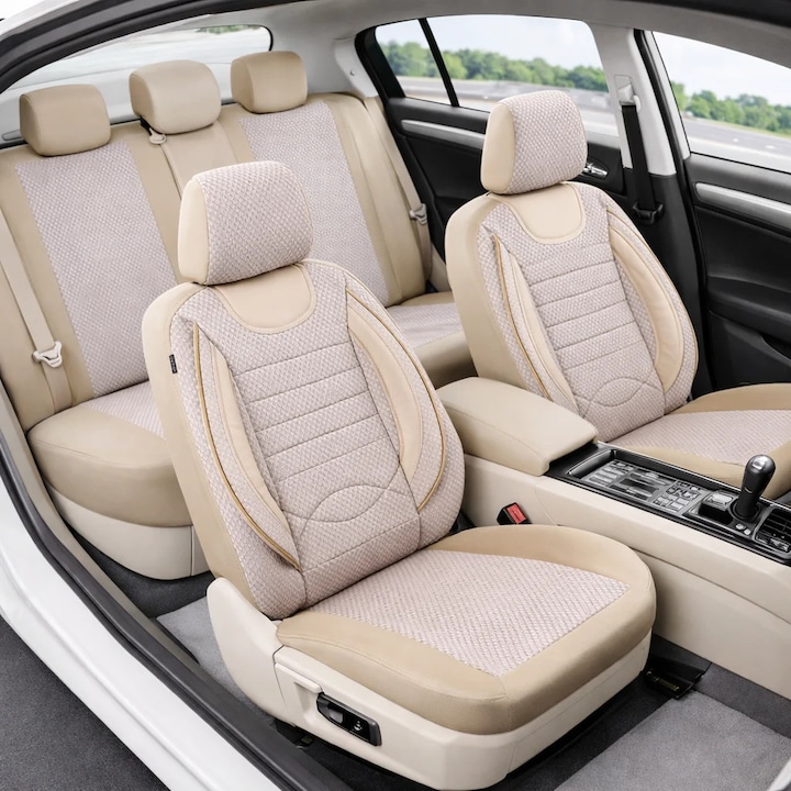 Huse scaune auto Smartic®, City, 11 piese, compatibile cu airbag, rabatabile, 3 straturi de material, bej