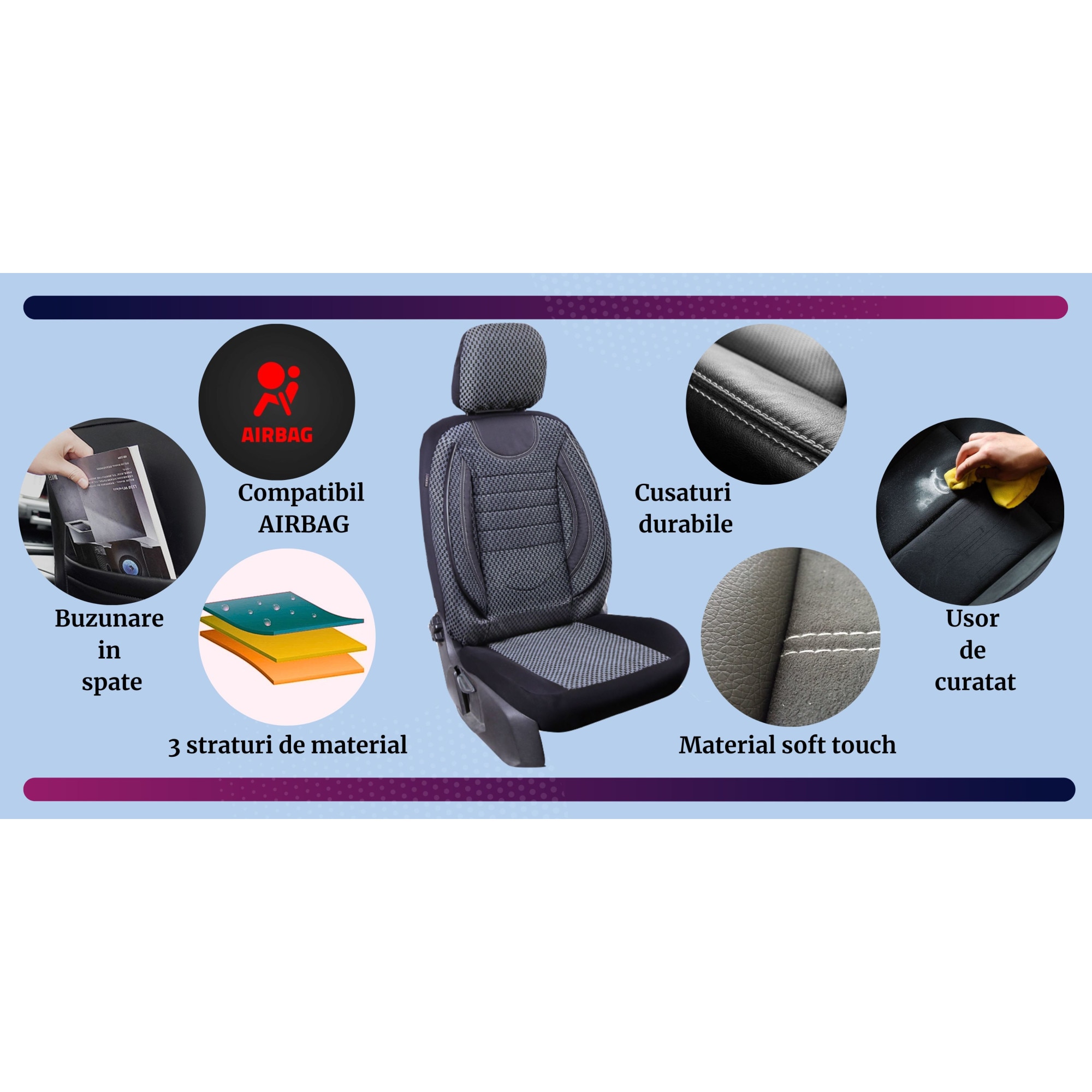 Set Huse Scaune Auto Smartic City Piese Compatibile Cu Airbag