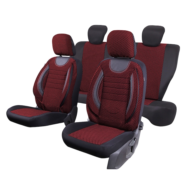 Комплект калъфи за столчета за кола, City Edition, текстилни материали и вложки от екологична кожа, Airbag система, 11 части, Smartic®, червен