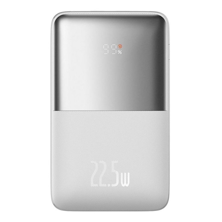 Преносима външна батерия Baseus Bipow Pro 20000 mAh, цифров дисплей, 22,5 W, включен USB-C кабел, бял