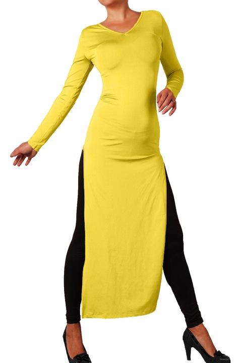 Дамска рокля Ivanel Дълга със странични цепки и шпиц деколте, С дълъг ръкав, Жълт