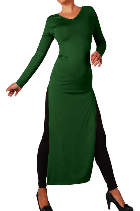 Дамска рокля Ivanel Дълга със странични цепки и шпиц деколте, С дълъг ръкав, Тъмнозелен