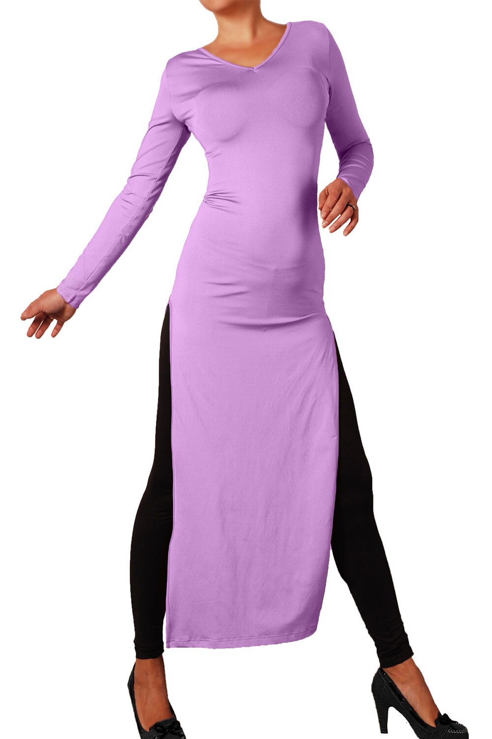 Rochie cu maneca lunga si decolteu in V Ivanel, Mov deschis, M, Mov Deschis