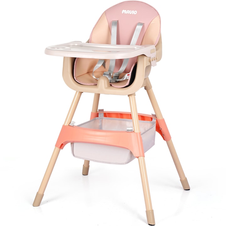 Scaun de Masa 3in1 pentru Bebelusi si Copii Mavio®, Model Petite, Varsta 6 - 36 luni, Inaltime Ajustabila, Centura de Siguranta in 5 Puncte, Tavita Reglabila si Detasabila, Loc pentru Depozitare, Roz