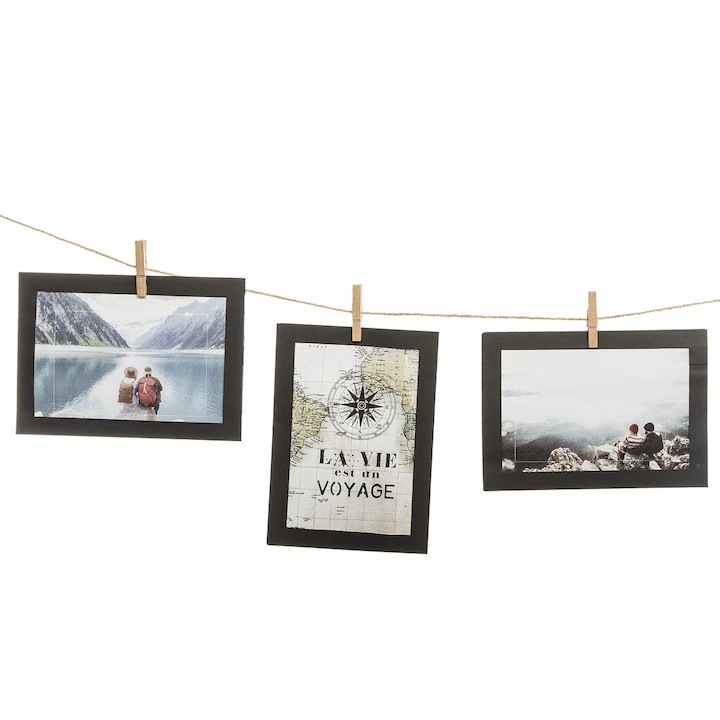 Rame pentru 10 fotografii, Cu sfoara, De agatat, 250 cm, Hartie, Negru