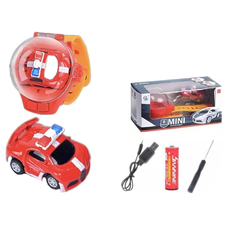 Jucarie cu ceas auto detasabil, cu telecomanda, MorFansi, 2.4 GHz, scara 1:64, Rosu