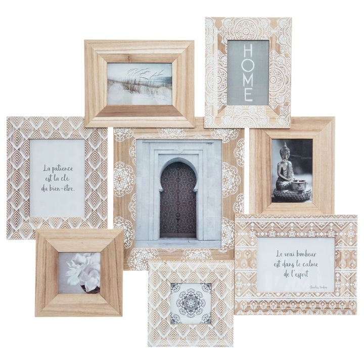 Rama foto tip colaj Emile, 8 fotografii, 78x72 cm, Lemn, Bej/Alb