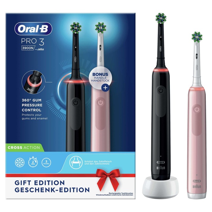 2 db Oral-b pro 3-3900 elektromos fogkefe készlet, rózsaszín és fekete, 2 nyél látható nyomásérzékelővel, 2 kefefej