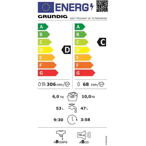 Masina de Spalat Rufe Frontala cu Uscator GRUNDIG GW7P510447W, HomeWhiz, 10/6 kg, 1400rpm, Clasa C/D, Alb