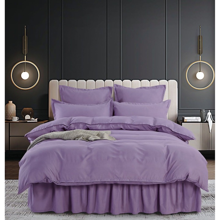 Спален комплект с декоративен волан, Jojo Home, JVL9, фин памук, изчистен, 2 лица, 6 части, лилав