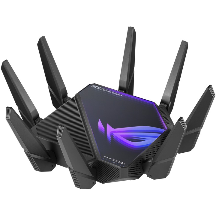Router Gaming Wireless ASUS ROG Rapture GT-AXE16000, AXE16000, Quad-Band, Quad-Core 2.0GHz CPU, 256MB/2GB Flash/RAM, 10G dual-port, AiProtection Pro, Adaptive QoS, VPN Fusion, IPTV, OFDMA, MU-MIMO, Beamforming, Link Aggregation, RGB, AiMesh