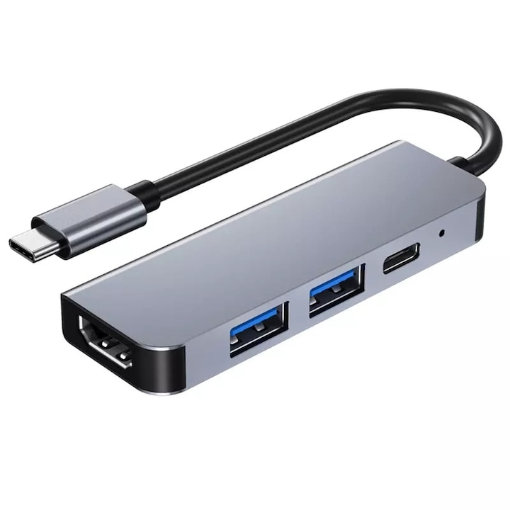 Adaptor HUB aluminiu 4-in-1 - USB Type-C - 2x USB 3.0, 1x USB Type-C, 1x HDMI, Gri