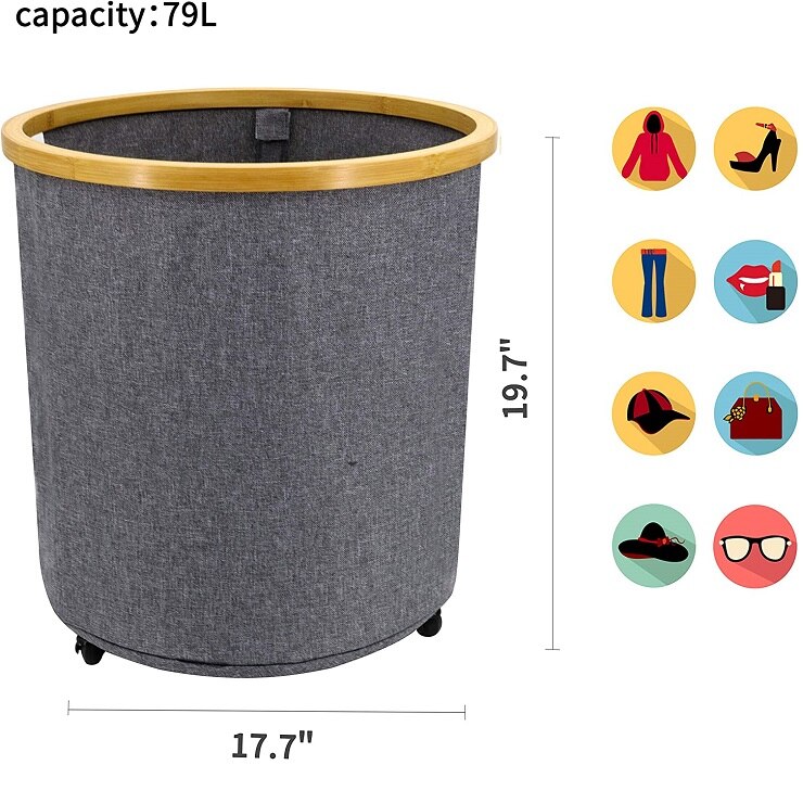 Cos de rufe cu roti si cadru din bambus, gri, 79 litri - eMAG.ro