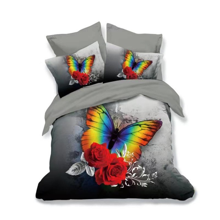 Lenjerie de pat dublu bumbac Finet 3D 6 piese 220 x 240 cm, Fluturasi, Rosu Gri, Pucioasa FN3D13