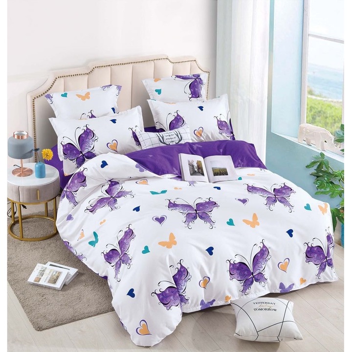 Спален комплект от фин памук, 6 части, двойно легло, лилави пеперуди, бяло/лилаво