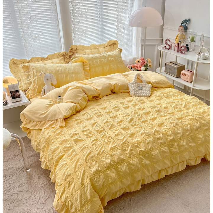 Крепонирано памучно спално бельо 6 части Жълто