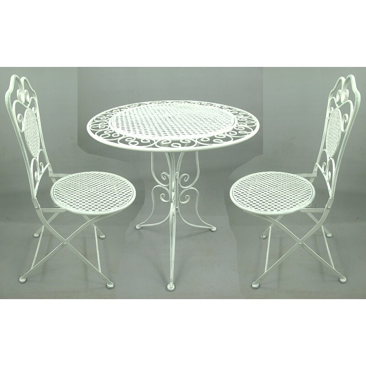 Set mobilier gradina din fier forjat, 2 scaune pliabile si masa rotunda, alb elegant