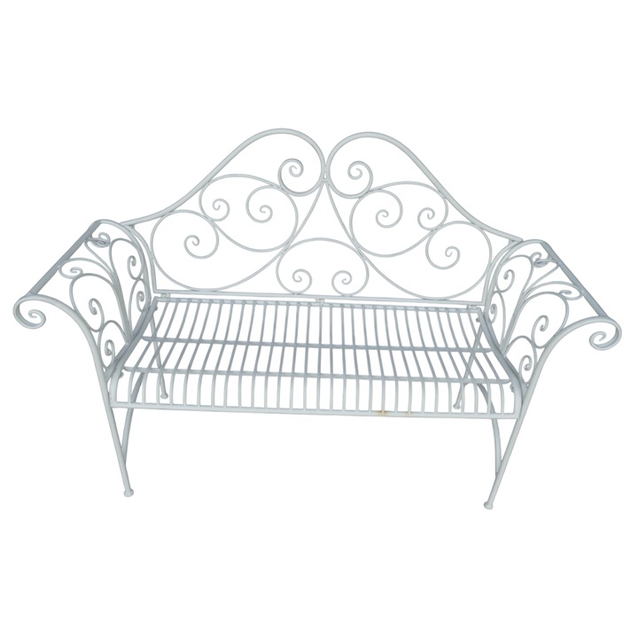 Banca decorativa alba din fier forjat, ideala pentru exterior