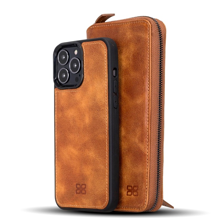 Husa, Portofel pentru iPhone 13 Pro Max, Bouletta Pouch Magic Wallet, compatibil MagSafe, cu back cover detasabil inclus, 2in1, piele naturala, Tiana tan