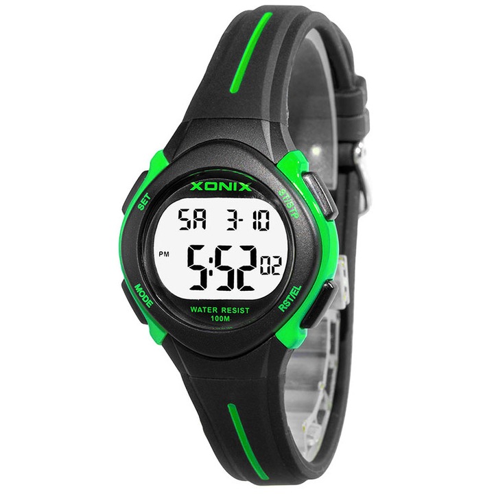 Ceas copii Xonix, W34F6B/7, Negru, functii sport, alarma, iluminare de fundal, rezistenta la apa 100m