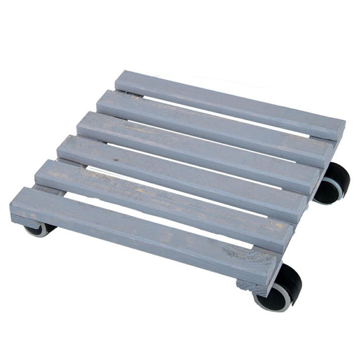 Suport cu roti pentru ghivece, 29x29 cm, Lemn, Gri