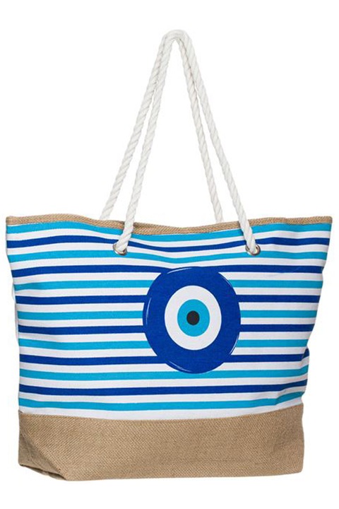 Geanta de plaja cu volum incapator, model cu dungi alb albastre, design cu ochiul norocului, inchidere cu capsa magnetica, manere mari de franghie, dimensiune 53x36 cm