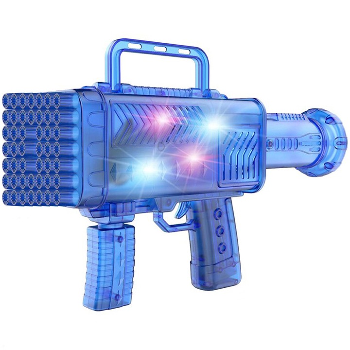 Jucarie interactiva Pistol de facut baloane de sapun, Bubble Gun, 46 orificii pentru bule, cu luminite, semnale sonore, alimentare cu baterii, 30.5 x 8 x 20 cm, Albastru