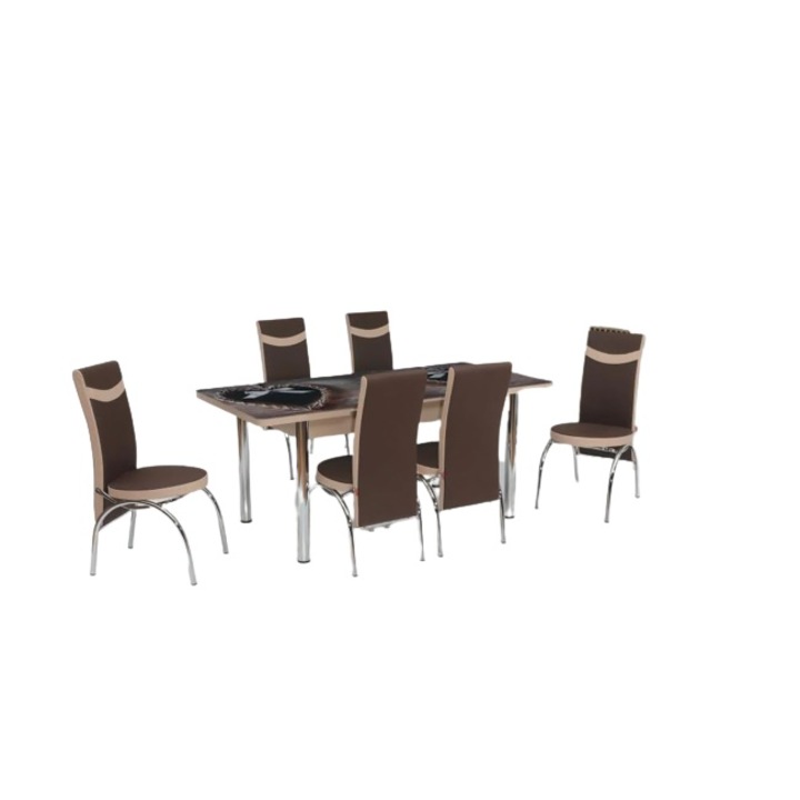 Комплект маса и столове, 1 x 130 х 80 см, , Кафяв/Бежов, 6 броя трапезни стола
