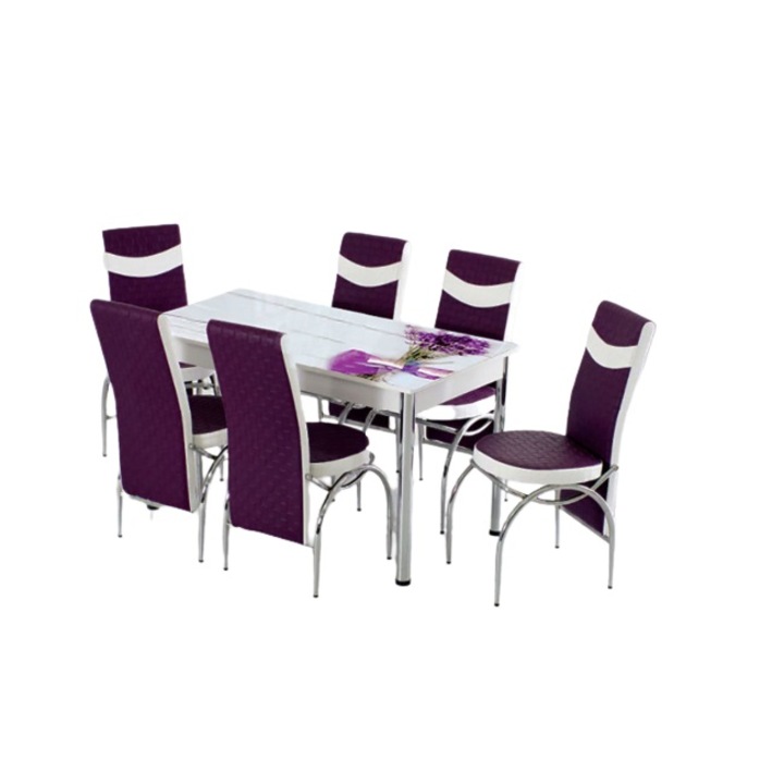 Комплект маса и столове, 1 х 130 х 80 см, Лилав/Бял, 6 броя трапезни стола