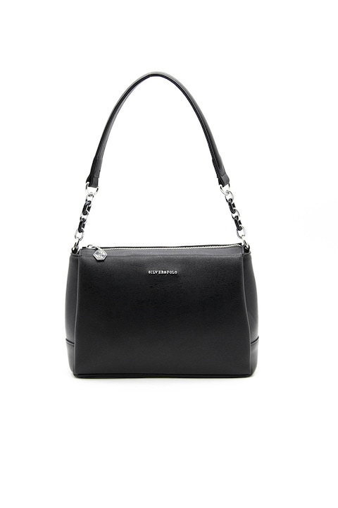 Silver&Polo, Geanta de piele ecologica cu aplicatie logo metalica, Negru