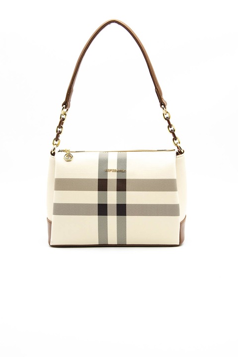 Geanta de piele ecologica Silver&Polo cu model in carouri, Negru/Maro/Crem, 20x25x11