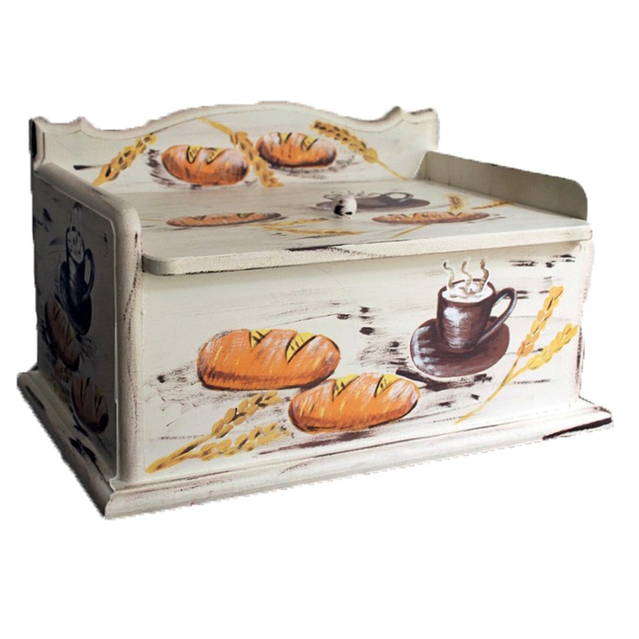 Cutie din lemn pentru paine, produse patiserie, pictata manual si lacuita, Multicolor, 40 X 44 X 25 CM