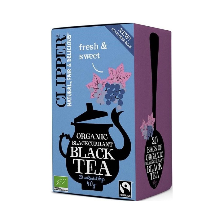 Ceai negru organic britanic cu coacaze negre din comert echitabil BIO, Clipper, 20x2 g