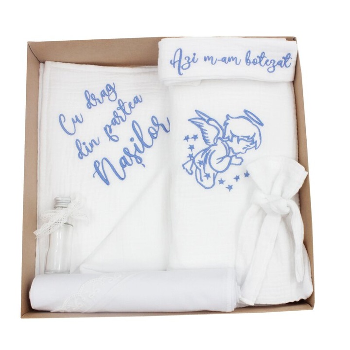 Trusou botez din muselina, alb, 7 piese, brodat, ingeras albastru