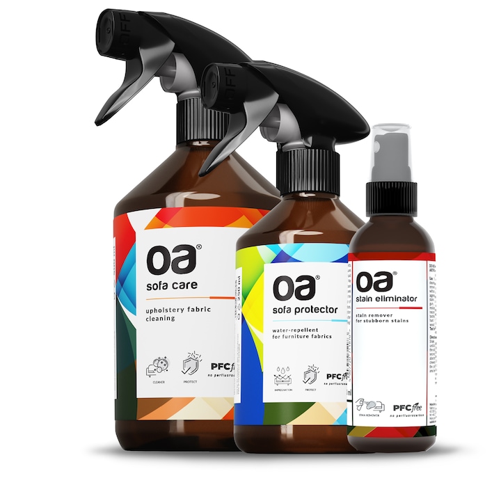 Oa bútorszövet ápoló készlet, 100 ml erős foltok eltávolításához, 500 ml szövetek tisztításához és 250 ml szövetek impregnálásához