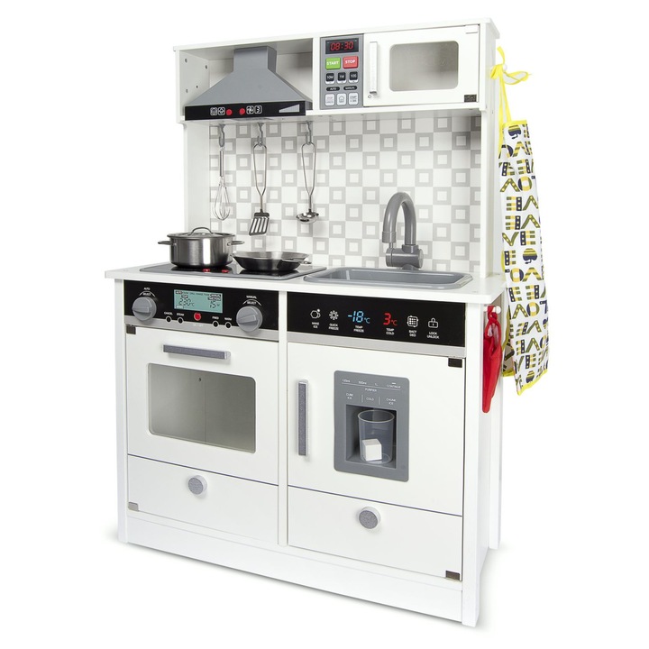 Bucatarie electronica din lemn pentru copii Leomark, culoare Alb Modern 65 x 30 x 94 cm
