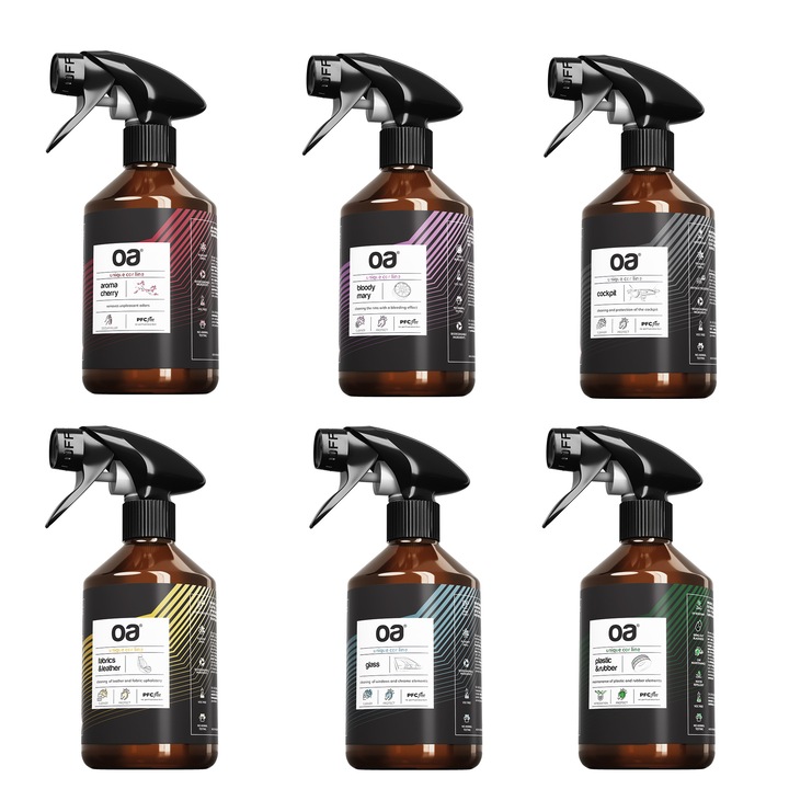 Комплект препарати за автомобил Oa, 6 броя, За всички части на автомобила, Всяка бутилка по 250 мл, Включена микрофибърна кърпа