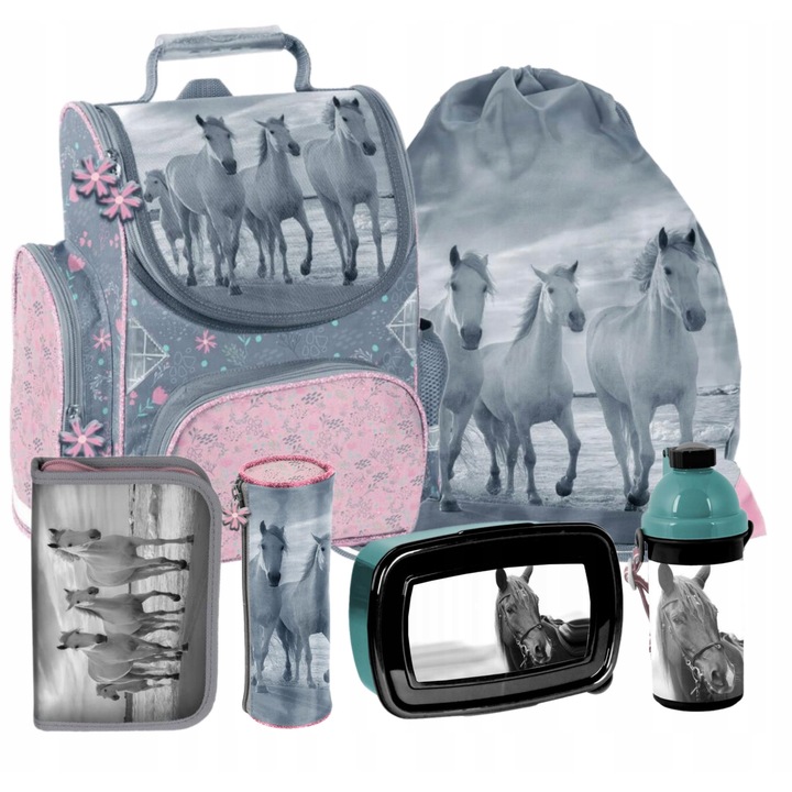 Set ghiozdan scoala, Penar, sac pentru pantofi, cutie pentru pranz, sticla de apa, penar cu creion Cal