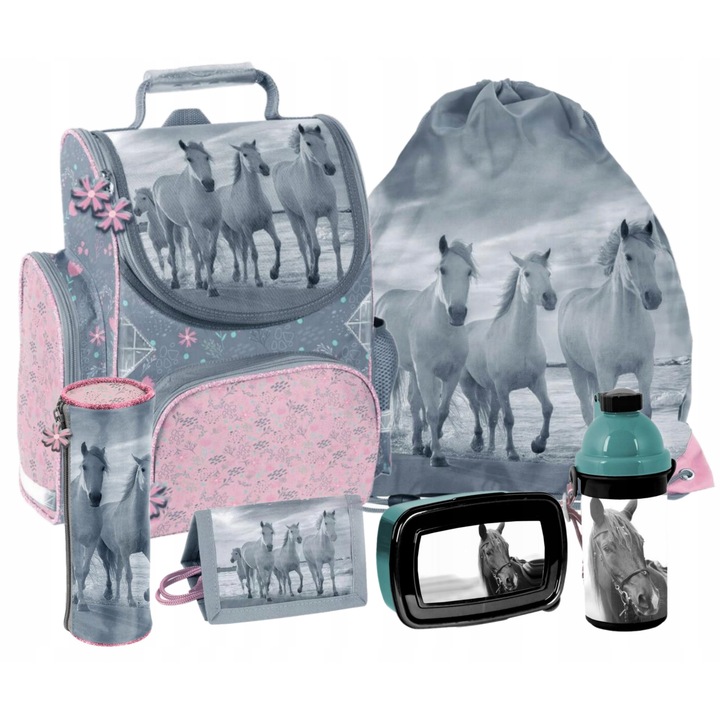 Set ghiozdan scoala, Penar cu creion, sac pentru pantofi, cutie pentru pranz, sticla de apa, portofel Cal