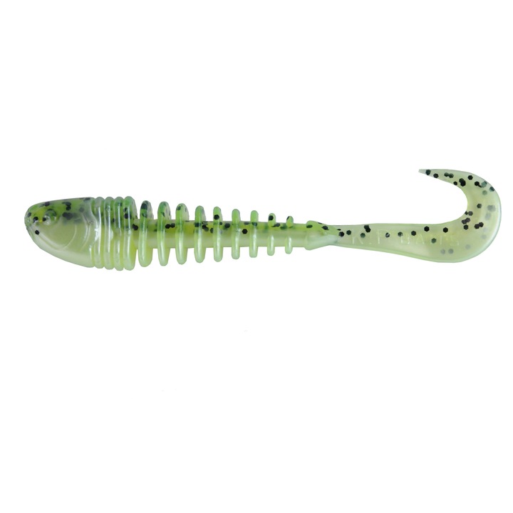 Set 5 buc Twister KP Skeleton Grub 10cm, Chartreuse Pepper Shad, pentru pescuitul la stiuca, salau, biban sau somn