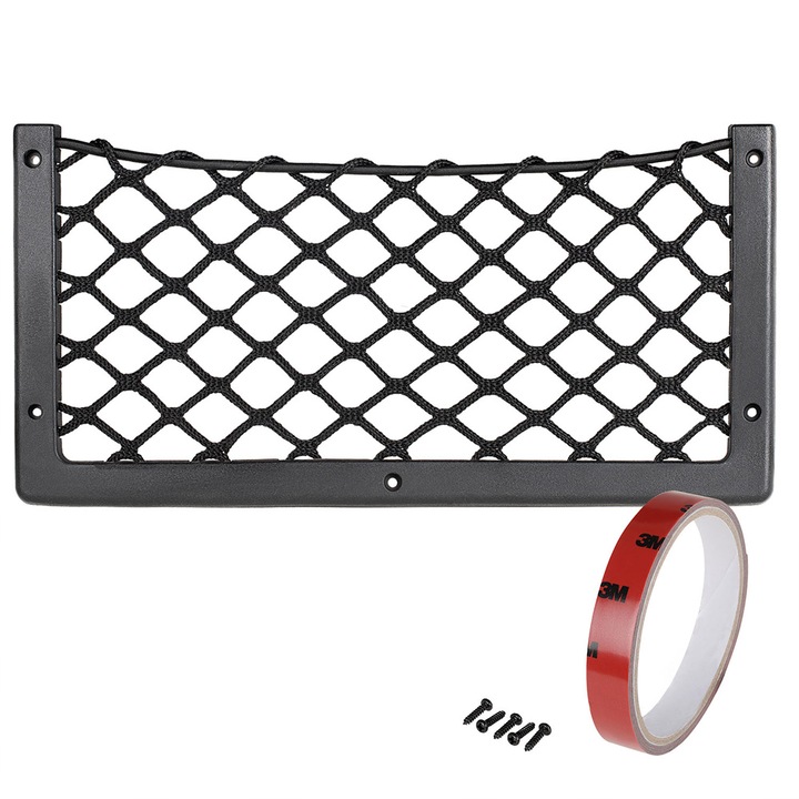 Autós tároló rendszerező, hálós, Alca 43319, 415 x 210 x 10 mm, dupla ragasztószalaggal vagy 5 csavarral rögzítve